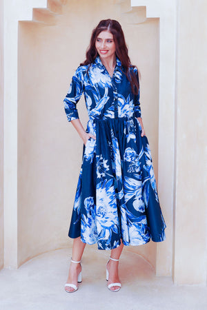 Terry Dress Shirt Collar 3/4 Sleeve Midi Plus Length Poliamide Taffta (Mum Flower Big Pastel)