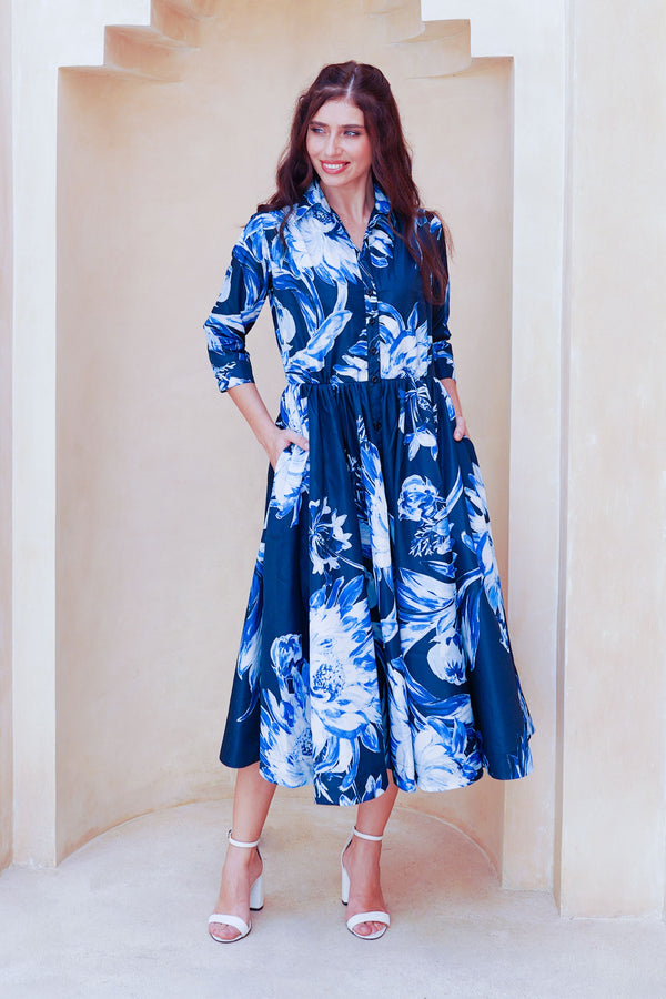 Terry Dress Shirt Collar 3/4 Sleeve Midi Plus Length Poliamide Taffta (Mum Flower Big Pastel)