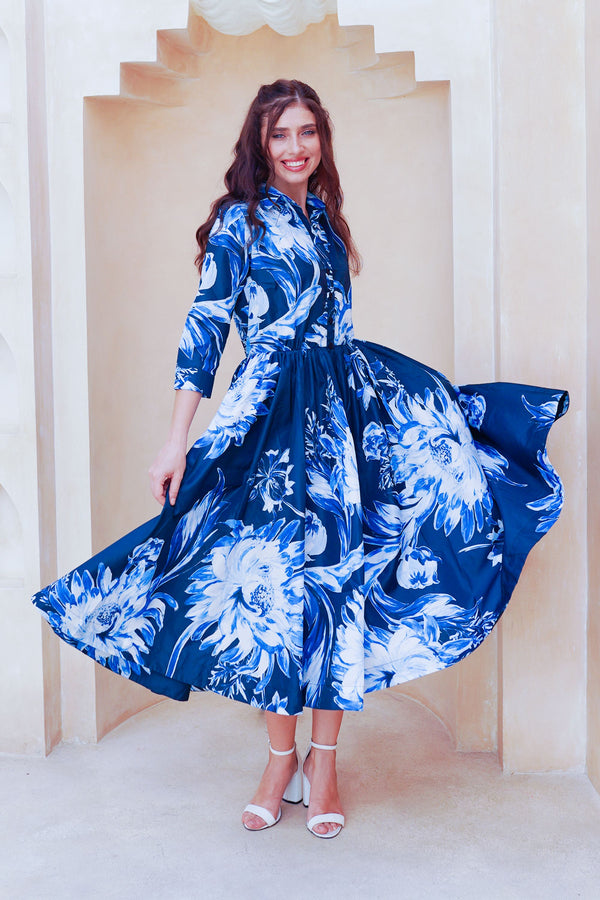 Terry Dress Shirt Collar 3/4 Sleeve Midi Plus Length Poliamide Taffta (Mum Flower Big Pastel)