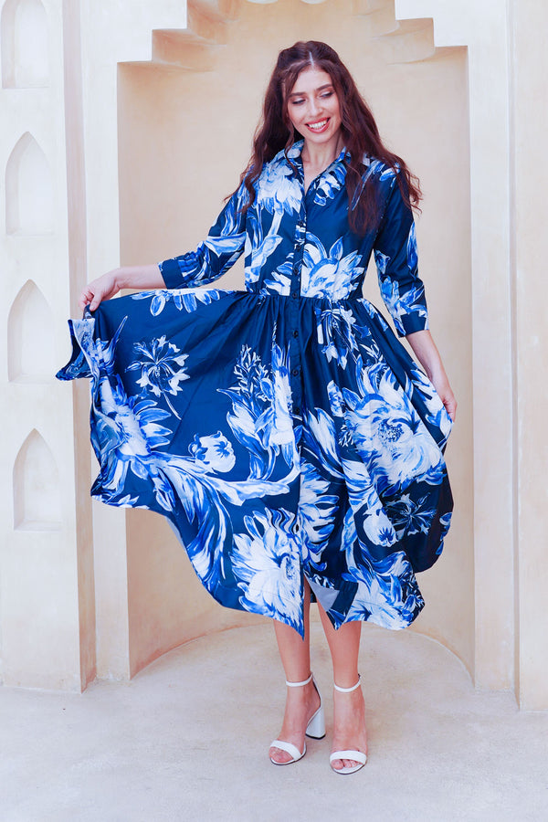 Terry Dress Shirt Collar 3/4 Sleeve Midi Plus Length Poliamide Taffta (Mum Flower Big Pastel)