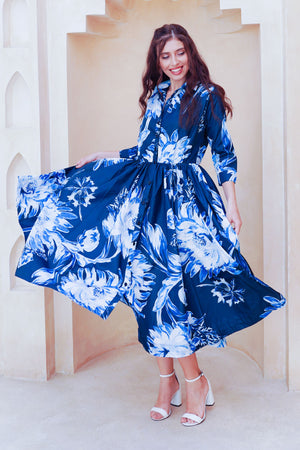 Terry Dress Shirt Collar 3/4 Sleeve Midi Plus Length Poliamide Taffta (Mum Flower Big Pastel)