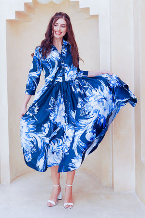 Terry Dress Shirt Collar 3/4 Sleeve Midi Plus Length Poliamide Taffta (Mum Flower Big Pastel)