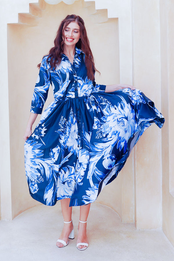 Terry Dress Shirt Collar 3/4 Sleeve Midi Plus Length Poliamide Taffta (Mum Flower Big Pastel)