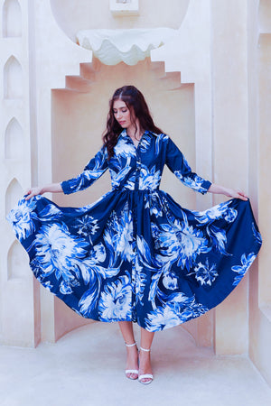 Terry Dress Shirt Collar 3/4 Sleeve Midi Plus Length Poliamide Taffta (Mum Flower Big Pastel)