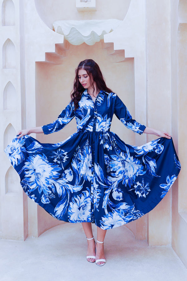 Terry Dress Shirt Collar 3/4 Sleeve Midi Plus Length Poliamide Taffta (Mum Flower Big Pastel)