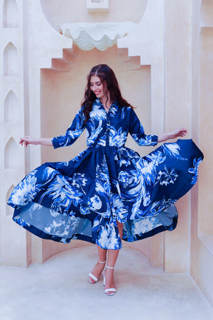 Terry Dress Shirt Collar 3/4 Sleeve Midi Plus Length Poliamide Taffta (Mum Flower Big Pastel)