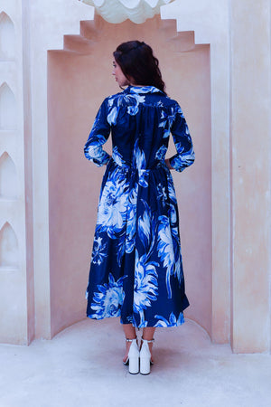 Terry Dress Shirt Collar 3/4 Sleeve Midi Plus Length Poliamide Taffta (Mum Flower Big Pastel)