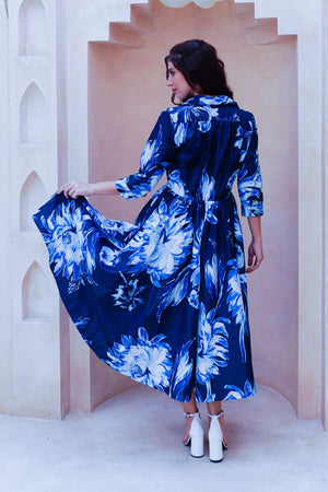 Terry Dress Shirt Collar 3/4 Sleeve Midi Plus Length Poliamide Taffta (Mum Flower Big Pastel)