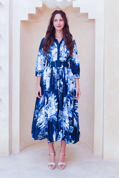 Terry Dress Shirt Collar 3/4 Sleeve Midi Plus Length Poliamide Taffta (Mum Flower Pastel)