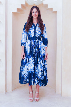 Terry Dress Shirt Collar 3/4 Sleeve Midi Plus Length Poliamide Taffta (Mum Flower Big Pastel)