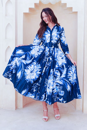 Terry Dress Shirt Collar 3/4 Sleeve Midi Plus Length Poliamide Taffta (Mum Flower Big Pastel)