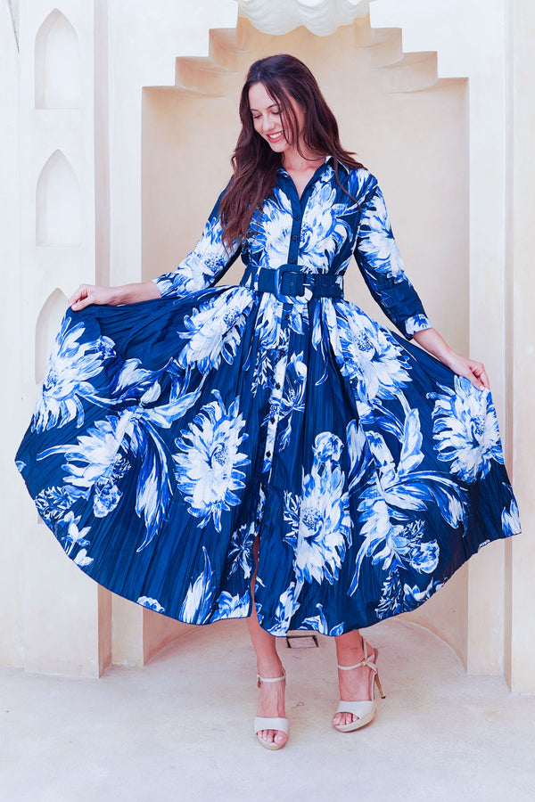 Terry Dress Shirt Collar 3/4 Sleeve Midi Plus Length Poliamide Taffta (Mum Flower Big Pastel)