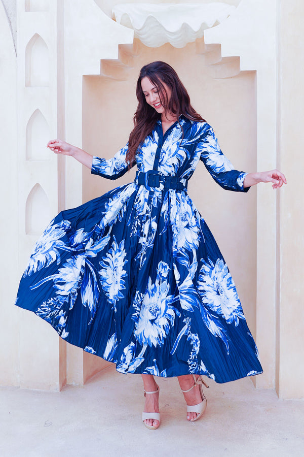 Terry Dress Shirt Collar 3/4 Sleeve Midi Plus Length Poliamide Taffta (Mum Flower Big Pastel)