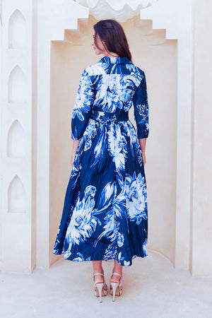 Terry Dress Shirt Collar 3/4 Sleeve Midi Plus Length Poliamide Taffta (Mum Flower Big Pastel)