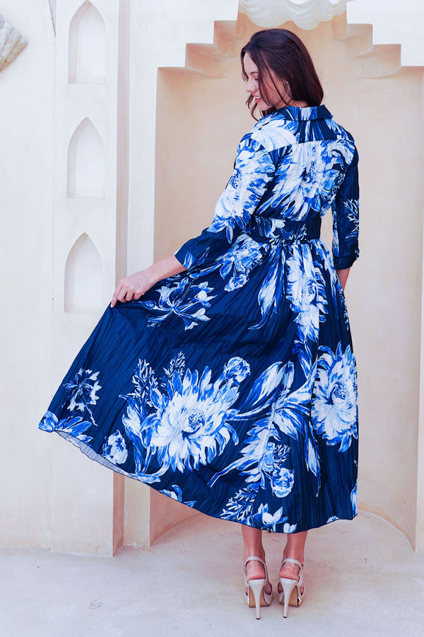 Terry Dress Shirt Collar 3/4 Sleeve Midi Plus Length Poliamide Taffta (Mum Flower Big Pastel)