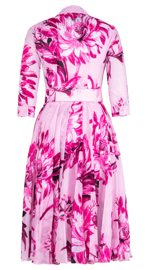 Aster Dress Shirt Collar 3/4 Sleeve Midi Length Cotton Musola (Mum Flower Big Pastel)