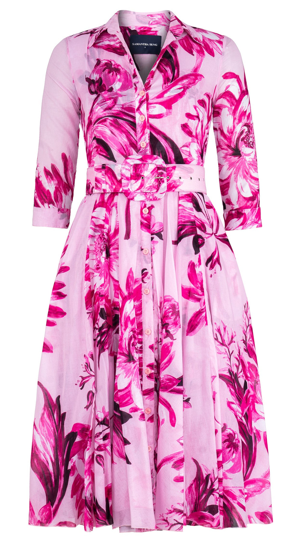 Aster Dress Shirt Collar 3/4 Sleeve Midi Length Cotton Musola (Mum Flower Big Pastel)
