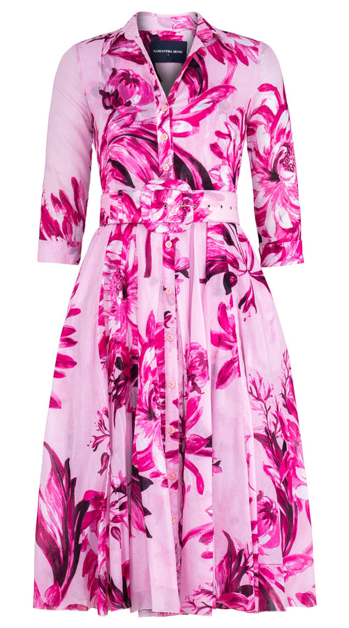 Aster Dress Shirt Collar 3/4 Sleeve Midi Length Cotton Musola (Mum Flower Big Pastel)