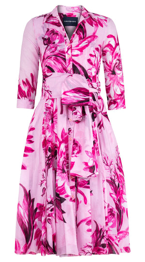 Aster Dress Shirt Collar 3/4 Sleeve Midi Length Cotton Musola (Mum Flower Big Pastel)