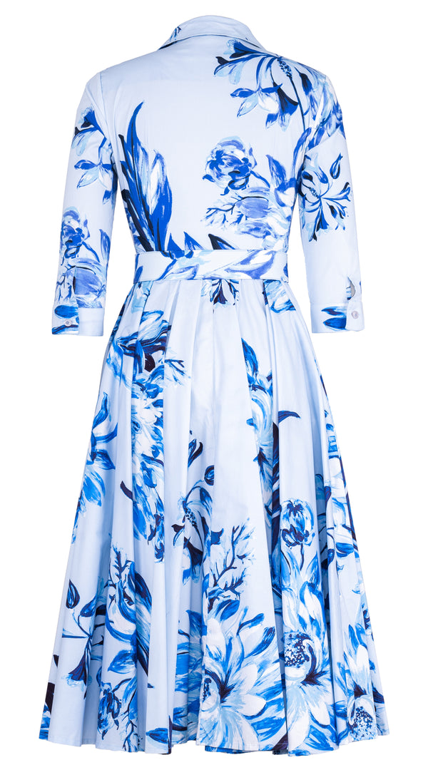 Abelia Dress Shirt Collar 3/4 Sleeve Midi Length Cotton Stretch (Mum Flower Big Pastel)