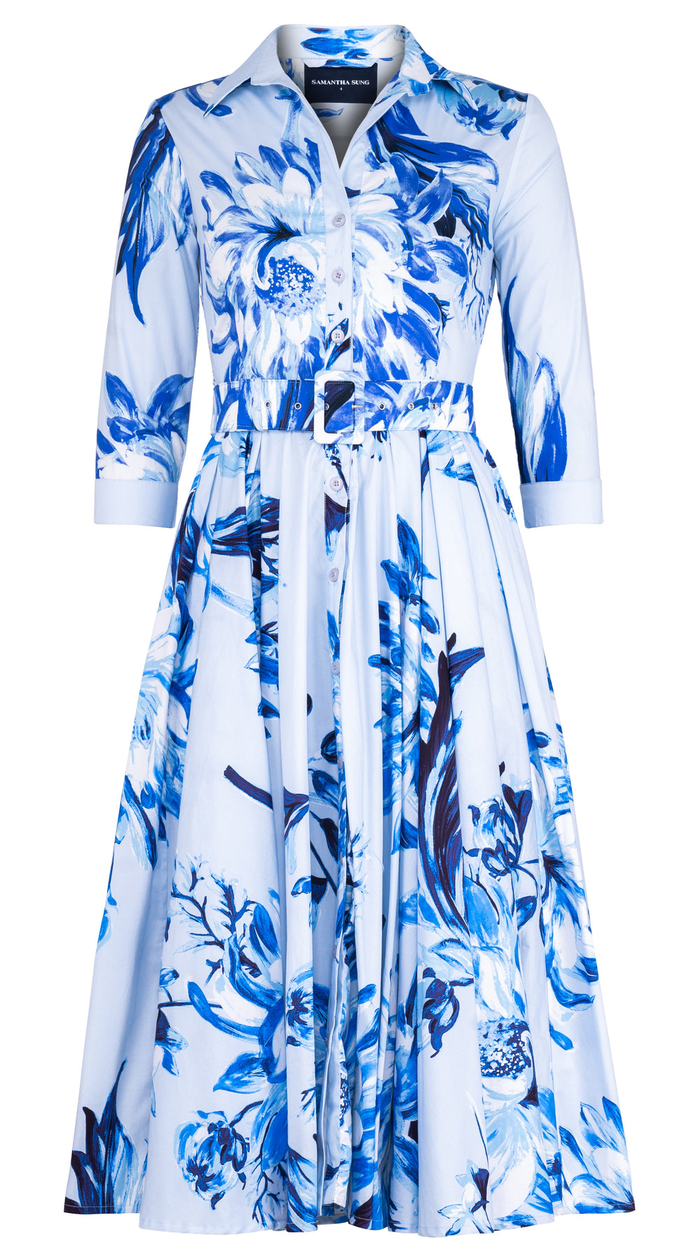 Abelia Dress Shirt Collar 3/4 Sleeve Midi Length Cotton Stretch (Mum Flower Big Pastel)