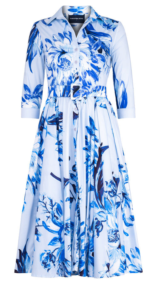 Abelia Dress Shirt Collar 3/4 Sleeve Midi Length Cotton Stretch (Mum Flower Big Pastel)