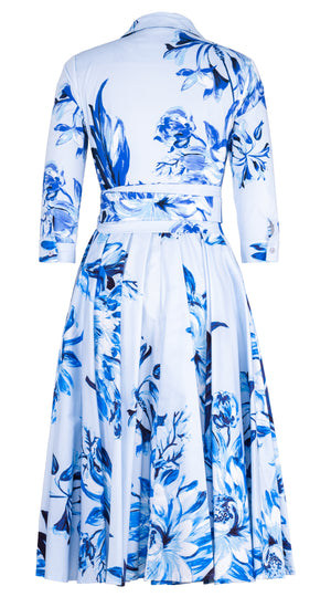 Abelia Dress Shirt Collar 3/4 Sleeve Midi Length Cotton Stretch (Mum Flower Big Pastel)