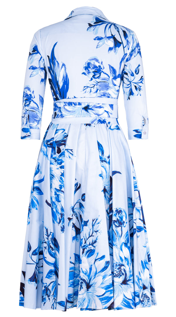 Abelia Dress Shirt Collar 3/4 Sleeve Midi Length Cotton Stretch (Mum Flower Big Pastel)