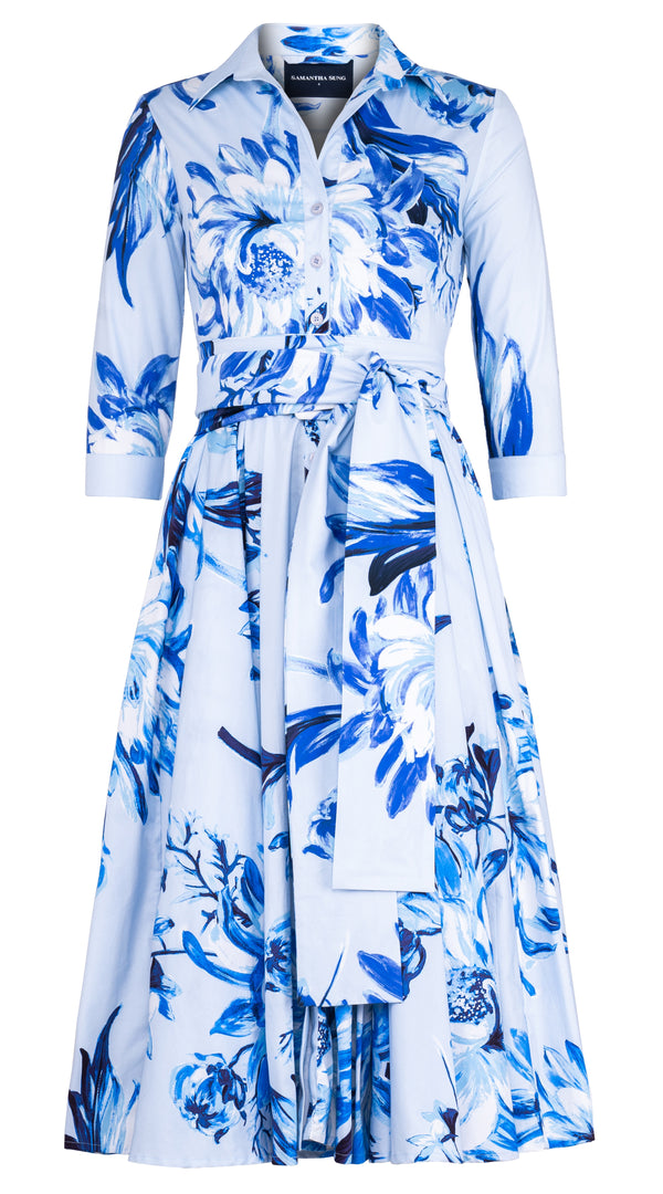 Abelia Dress Shirt Collar 3/4 Sleeve Midi Length Cotton Stretch (Mum Flower Big Pastel)