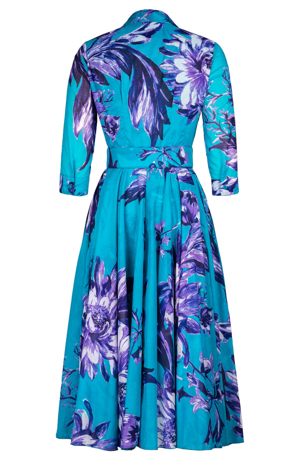 Aster Dress Shirt Collar 3/4 Sleeve Midi Length Cotton Musola (Mum Flower Pastel)