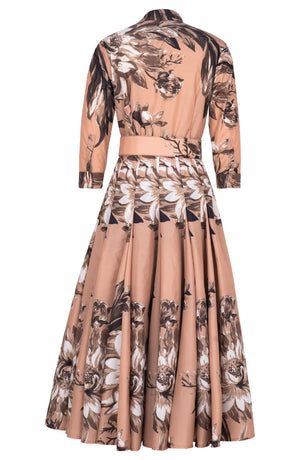 Samantha Dress Shirt Collar 3/4 Sleeve Midi Plus Length Poliamide Taffta (Mum Flower Dark)