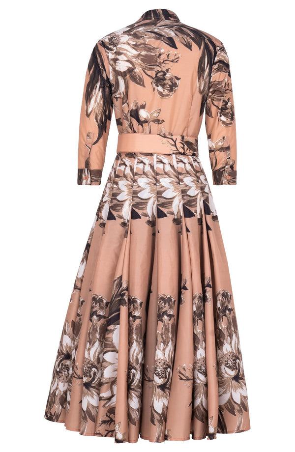 Samantha Dress Shirt Collar 3/4 Sleeve Midi Plus Length Poliamide Taffta (Mum Flower Dark)