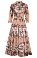 Samantha Dress Shirt Collar 3/4 Sleeve Midi Plus Length Poliamide Taffta (Mum Flower Dark)