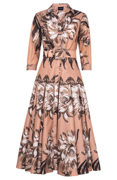 Samantha Dress Shirt Collar 3/4 Sleeve Midi Plus Length Poliamide Taffta (Mum Flower Dark)