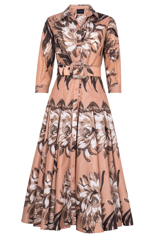 Samantha Dress Shirt Collar 3/4 Sleeve Midi Plus Length Poliamide Taffta (Mum Flower Dark)