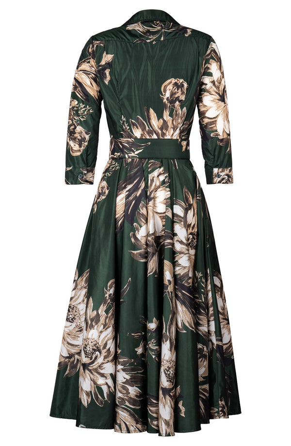 Aster Dress Shirt Collar 3/4 Sleeve Midi Length Poliamide Taffta (Mum Flower Dark)