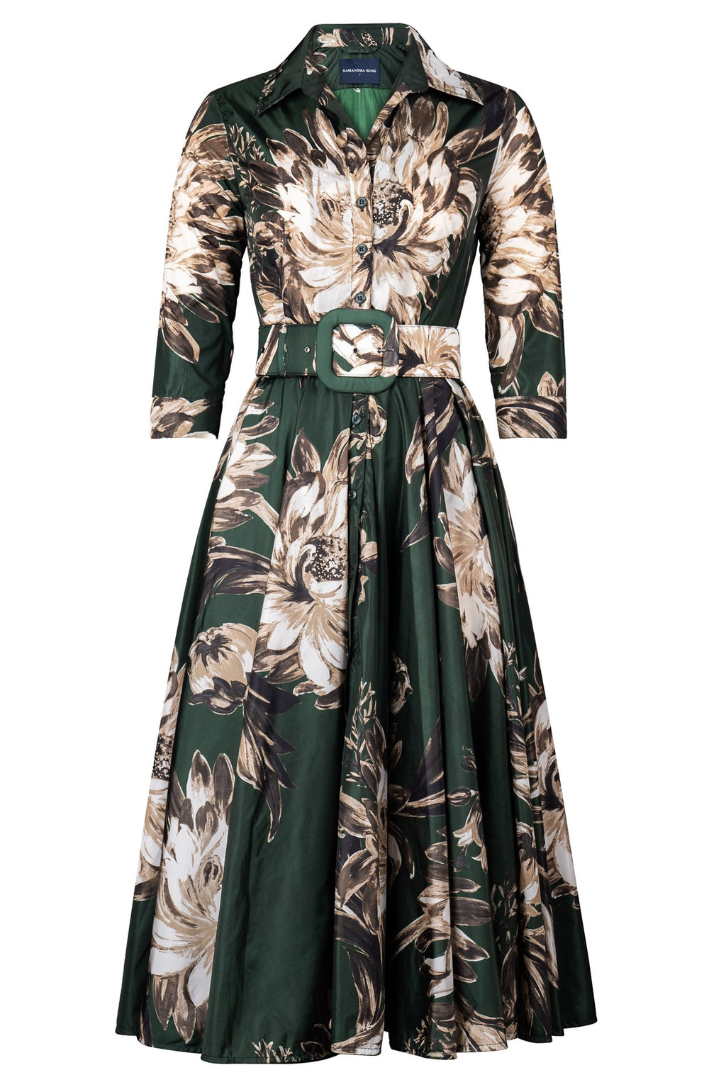 Aster Dress Shirt Collar 3/4 Sleeve Midi Length Poliamide Taffta (Mum Flower Dark)