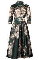 Aster Dress Shirt Collar 3/4 Sleeve Midi Length Poliamide Taffta (Mum Flower Dark)