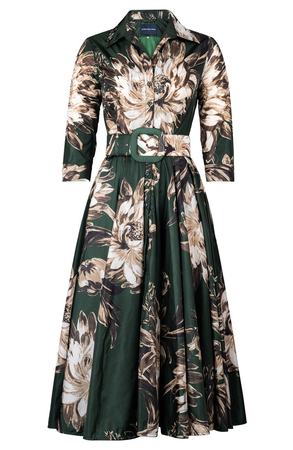 Aster Dress Shirt Collar 3/4 Sleeve Midi Length Poliamide Taffta (Mum Flower Dark)