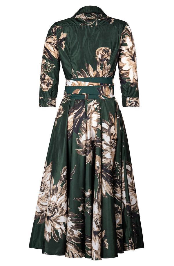 Aster Dress Shirt Collar 3/4 Sleeve Midi Length Poliamide Taffta (Mum Flower Dark)
