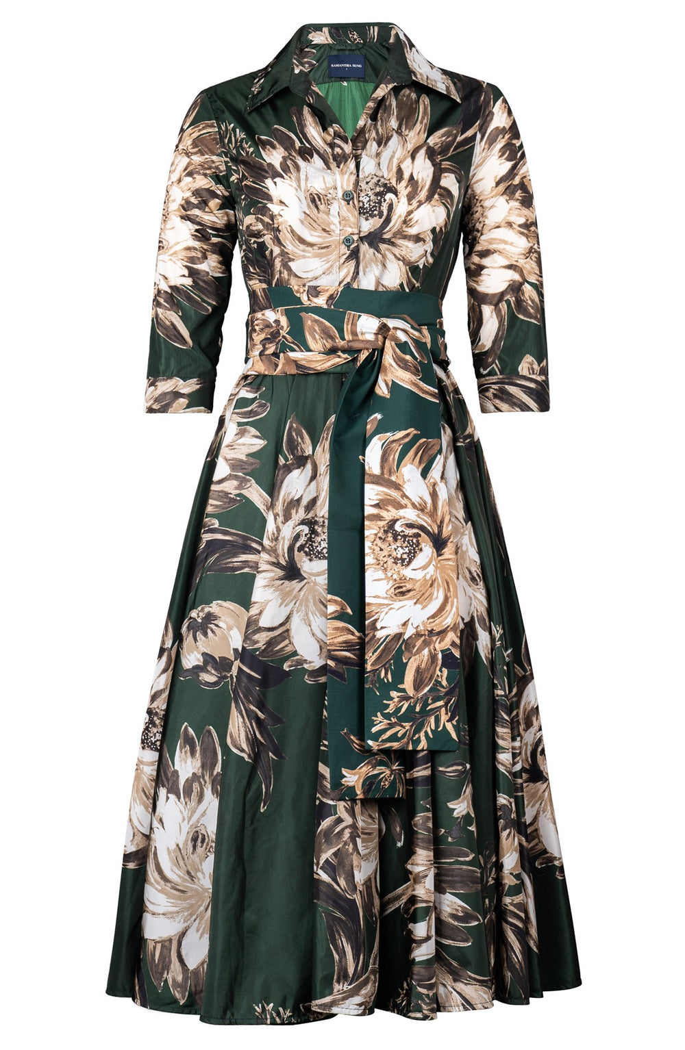 Aster Dress Shirt Collar 3/4 Sleeve Midi Length Poliamide Taffta (Mum Flower Dark)