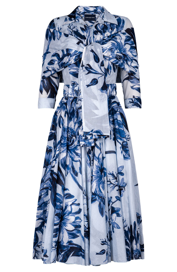 Aster Dress Shirt Collar 3/4 Sleeve Midi Length Cotton Musola (Mum Flower Pastel)