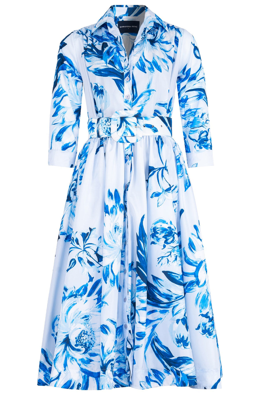 Terry Dress Shirt Collar 3/4 Sleeve Midi Length Poliamide Taffta (Mum Flower Pastel)