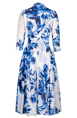 Aster Dress Shirt Collar 3/4 Sleeve Midi Length Cotton Musola (Mum Flower White)