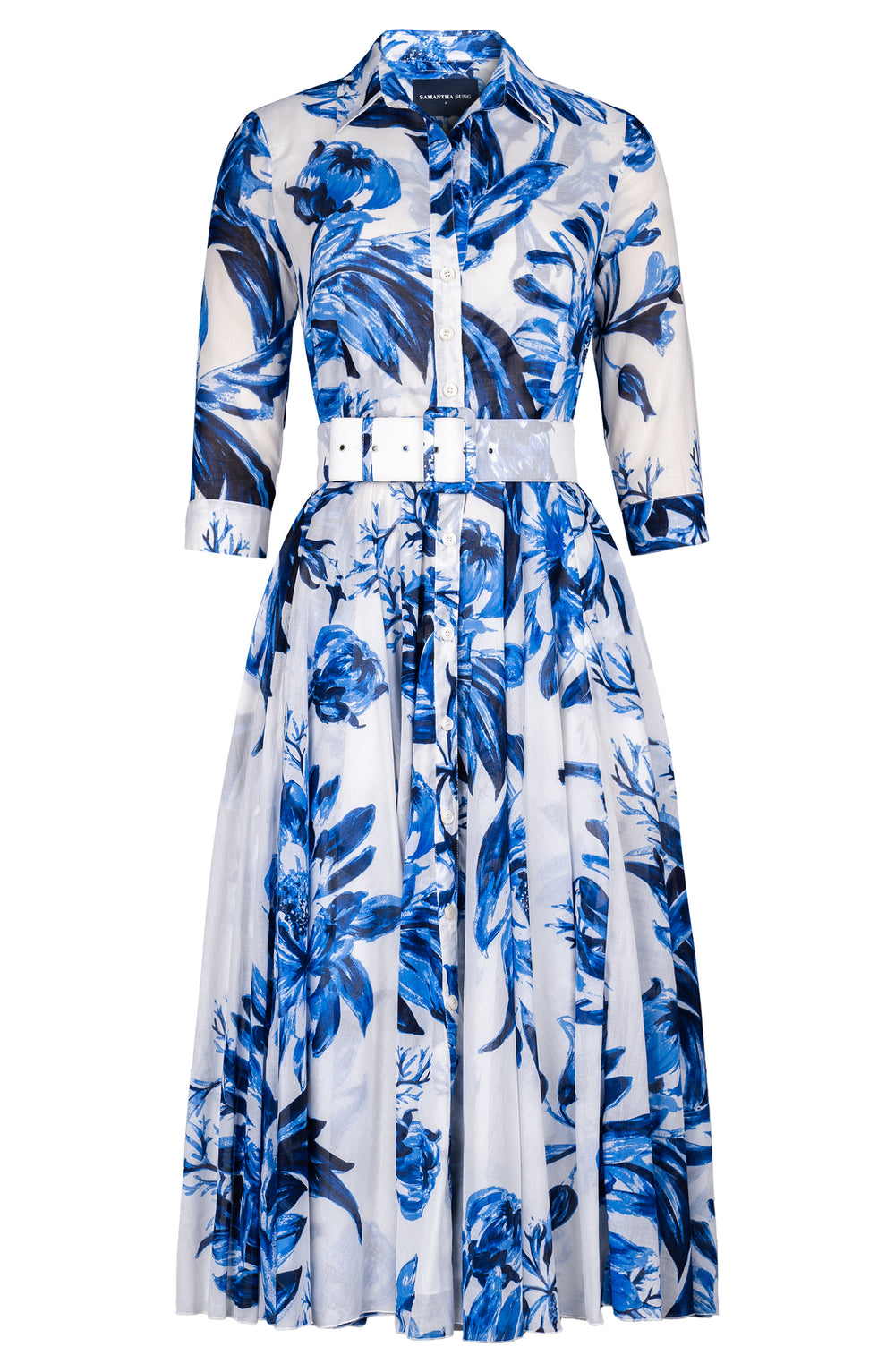 Aster Dress Shirt Collar 3/4 Sleeve Midi Length Cotton Musola (Mum Flower White)