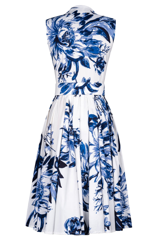 Laurent Dress Shirt Collar Sleeveless Long Length Cotton Stretch (Mum Flower White)