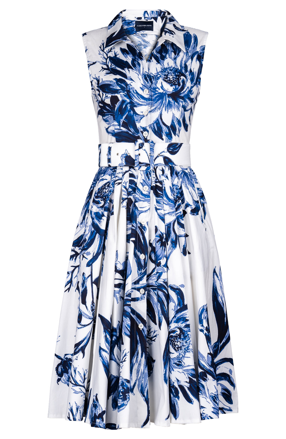 Laurent Dress Shirt Collar Sleeveless Long Length Cotton Stretch (Mum Flower White)