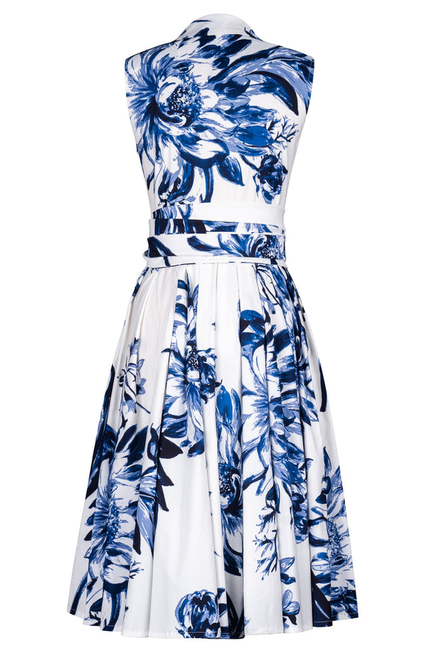 Laurent Dress Shirt Collar Sleeveless Long Length Cotton Stretch (Mum Flower White)