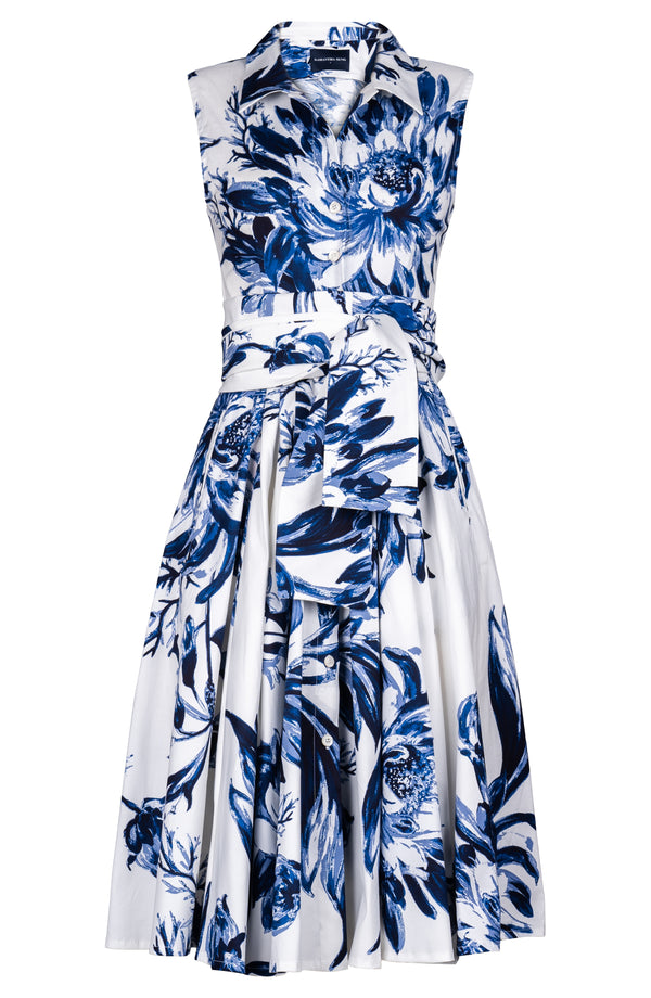 Laurent Dress Shirt Collar Sleeveless Long Length Cotton Stretch (Mum Flower White)
