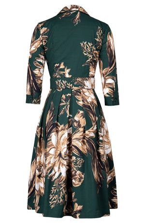 Audrey Dress #1 Shirt Collar 3/4 Sleeve Long Length Cotton Stretch (Mum Flower Dark)